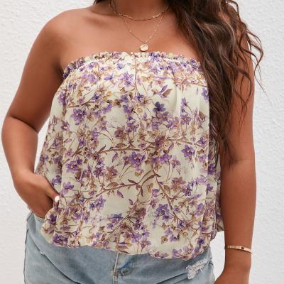 China Anti-wrinkle women plus apparel plus size tops plus size women tops ditsy floral gimlet trim tube top for sale