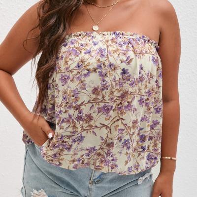 China Anti-wrinkle women plus apparel plus size tops plus size women tops ditsy floral gimlet trim tube top for sale