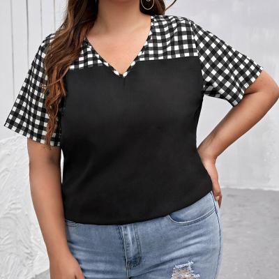 China Plus-size black and white women's breathable plaid short-sleeved tops new fashion women's spring women's tops for sale