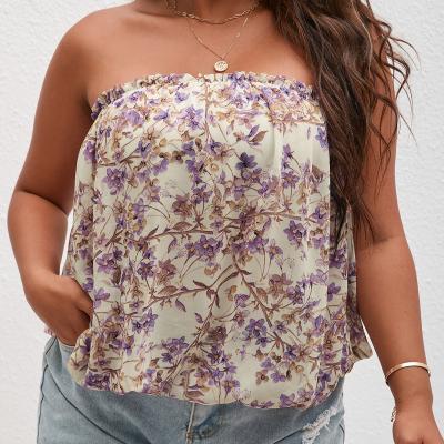 China Anti-wrinkle women plus apparel plus size tops plus size women tops ditsy floral gimlet trim tube top for sale