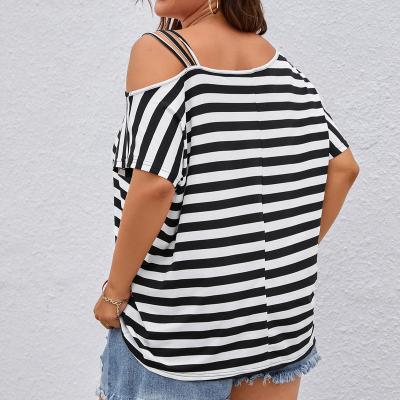 China Breathable Women Plus Clothing Plus Size Tops Plus Size T Shirts Striped Print Asymmetrical Neck Tee for sale