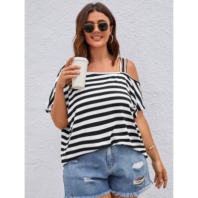 China Breathable Women Plus Clothing Plus Size Tops Plus Size T Shirts Striped Print Asymmetrical Neck Tee for sale