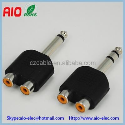 China audio & Visual Black Plastic Jacket 6.35mm 1/4 Mono Plug To 2 RCA Speaker Jack Phone Adapter Connector for sale