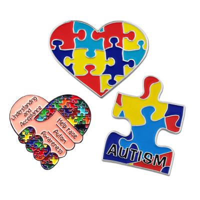 China Custom USA Ribbon Heart Puzzle Piece Brooch Lapel Pin Badge Metal Enamel Autism Awareness Pin for sale