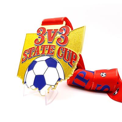 China Custom 3d Metal Gold Award Soccer Medal USA Design Glitter Enamel Sport Zinc Alloy Soccer Medallion With Ribbon for sale