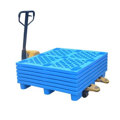 China Single Faced Wholesales 1200*800MM Euro Standard HDPE Nine Feet 4-Way Light Plastic Pallet Stackable Blue Warehouse Pallet Storage Pallet for sale