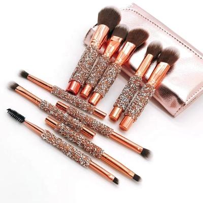 China Angular Blush New Design 10pcs Diamond Private Label Rhinestone Makeup Set Brush With Bag PU Bag Fiber Wool Fine Gold Hair Makeup Brush for sale