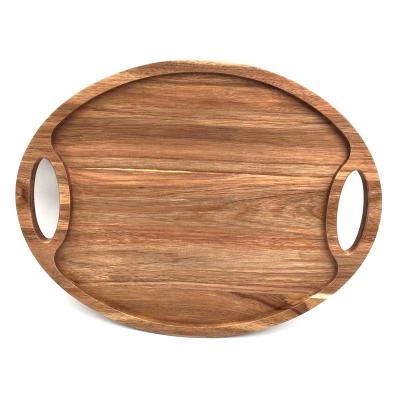 China Wholesale Custom Mordern Round Wooden Rustic Acacia Wood Tray With Handle for sale