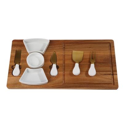 China Sustainable Hot Custom Wooden Amazon Acacia Cheese Board Set With Cutlery With Multifunction Ceramic Drain Board for sale