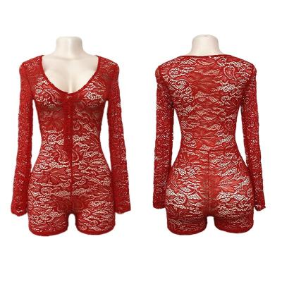 China Lace onesie wholesale sexy lace lingerie short pants jumpsuit pajamas women valentines red woman one piece custom made Onesie for sale