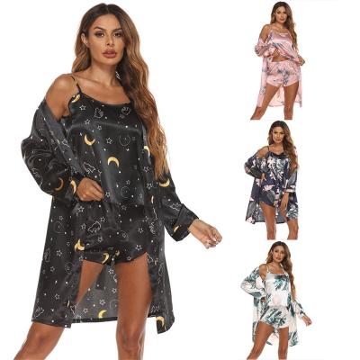 China Factory Wholesale Hot 2022 Style QUICK DRY 3 Piece Pajama Set Long Sheaths Lingerie Robe Silk Sling Tops and Shorts Loungewear Set for sale