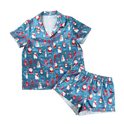 China QUICK DRY Dark Blue Women Christmas Santa Claus Printed Shorts Sleeve and Shorts Nightgowns Matching Christmas Pajamas for sale