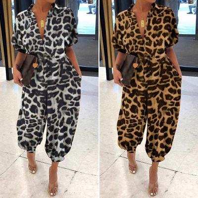 China QUICK DRY Leopard Tied Waist Sleeve Jumpsuit Women Short Rompers Fashion Overalls One Piece Casual Loose Wide Leg Overalls Playsuit for sale