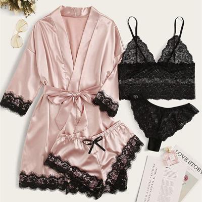 China Fashionable sexy QUICK DRY lace sleepwear 4 pieces set silk kimono robes with lace shorts satin floral sling women lingerie top pajamas for sale