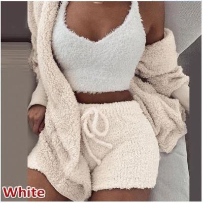 China Winter Sleepwear Women Plush Home Wear Thermal Leisure 3 Piece Pajamas Sets Long Sleeve Vest Short Pajamas Velvet Set Sleepwear for sale