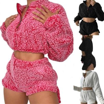 China Plus Size Autumn Women Clothing Loungewear Long Sleeve Anti-pilling Short Pants Pullover Sweatshirt Zipper Set Fuzzy Two Piece Pants Set for sale