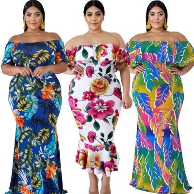 China Anti Static New Arrive Spring Autumn Women Clothing Plus Size Floral Layered Ruffle Off Shoulder Dress for sale