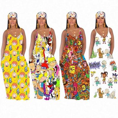 China New Style Summer Anti-static Spaghetti Tie Backless Chiffon Maxi Long Dress For Women Sleeveless Cartoon Printing for sale