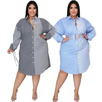 China Anti-wrinkle Gray And Blue Striped Print Stitching Plus Size Tie Up Long Sleeve Lapel Shirt Dress for sale