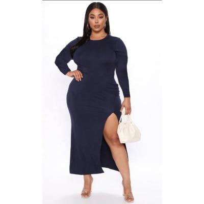 China Plus Size Dropshipping Plus Size Simplicity Long Length Knitted Lady Dark Blue Elegant Casual Solid Color Dresses Women for sale