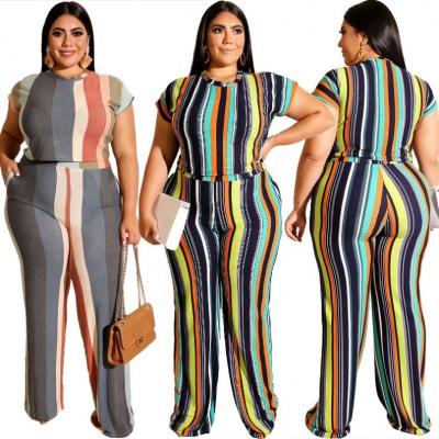 China Dropshipping New Arrival Summer Breathable Plus Size 2 Piece Short Sleeve Striped Casual Pants Set Two Piece Pants Set Women Clothing for sale