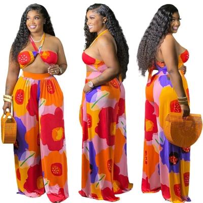 China Women Great Wear Breathable Sexy Neck Strap Bikini Printed Wide Leg Pants Two Piece Suit for sale