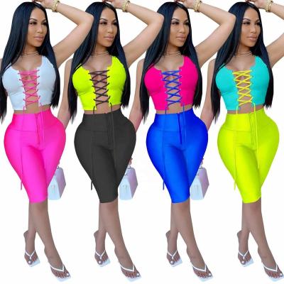 China QUICK DRY Summer Women Sexy Cutout Set Slim Bandage 2 Piece Short Pants Set Women Casual Sleeveless Set for sale