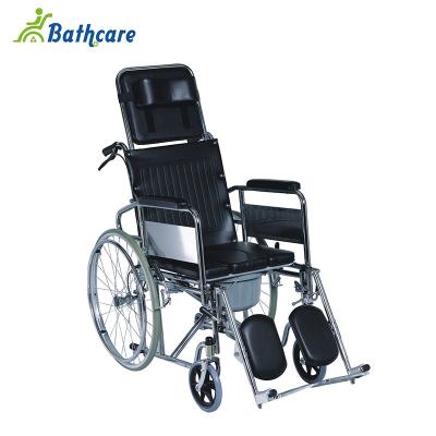 China Reclining Manual Wheelchair Backrest Transport Chair Commode Toilet Chair With Elevating Footrest for sale