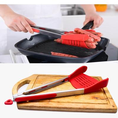 China Stocked Outdoor BBQ Tools Amazon Silicone Kitchen Tools 2 In 1 Spatula And Food Tongs for sale