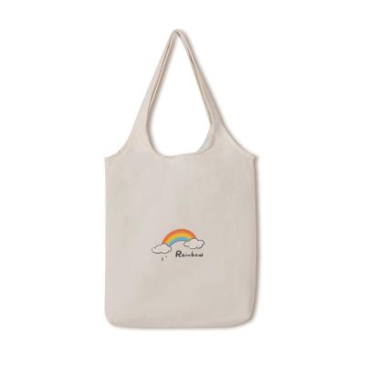 China Custom LOGO Cute Cartoon Rainbow Print Reusable Canvas Bag With Handle Strap Reusable Bag For Women Students for sale