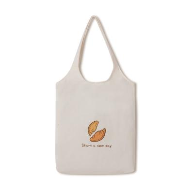 China Custom LOGO Cute Cartoon Bread Print Reusable Canvas Shopping Bag with Handle Strap Reusable Bag for Women Students for sale