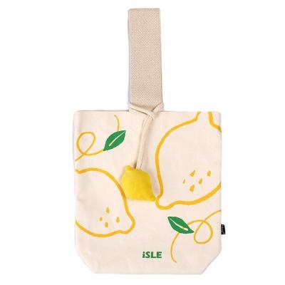 China Lemon Print Canvas Custom Soft Yellow Reusable Bag Women Reusable Shopping Bag With Handle Strap for sale