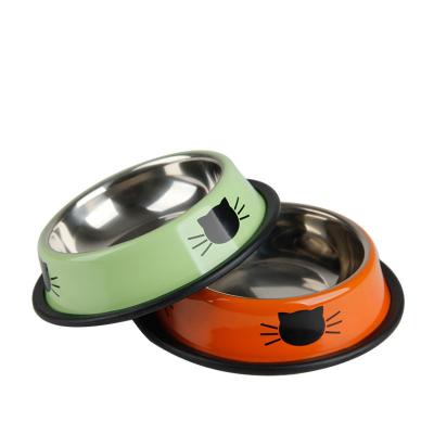 China Viable Foreign Trade Pet Supplies Thickened Printing Cat Food Bowl Stainless Steel Rubber Edge Double Bowl Dog Bowl Wholesale for sale