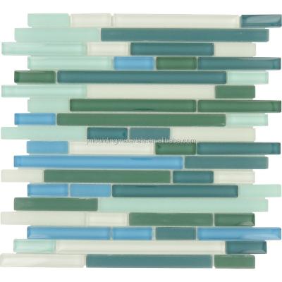 China Mix Modern Blue Green Linear Crystal Glass Mosaic Wall Tile for sale