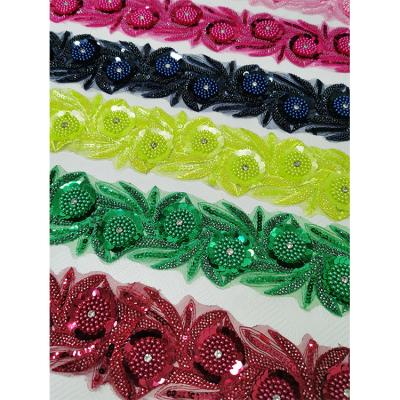 China Wholesale 3D Beaded Polyester Colorful Pearl Trim Floral Lace Trims Sequin Lace Trim For Dress for sale