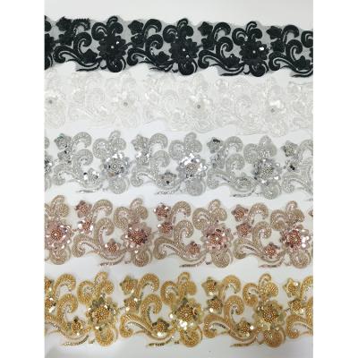 China Wholesale 3D Polyester Sequin Trimming Flower Lace Trim Beaded Embroidery Beaded Sequined Lace Trim for sale