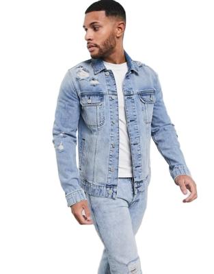 China QUICK DRY Mens Denim Jacket in Light Blue Wash with Rips Acid Wash Denim Jacket Private Label Wholesale for sale