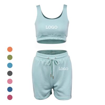 China Solid Color Breathable Custom Summer Casual Sports Wear Jogger Two Piece Pants Shorts Crop Tank Top Biker Running Set For Women for sale