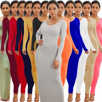 China Floor Length Spring Breathable Round Neck Slim Fit Plus Size Casual Women Long Sleeve Maxi Dresses for sale