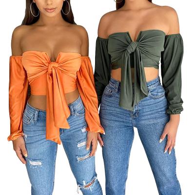 China Ladies Breathable Elegant Design Off-the-Shoulder Long Sleeve Bow Tops And Blouse For Women for sale