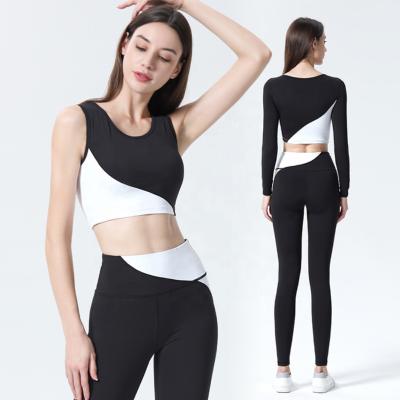 China Breathable Customize Women's High Quality Stretch Sports Bra And Leggings Long Sleeve Three Piece Fitness Gym Yoga Head Set for sale