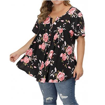 China Flower-print Breathable Plaid Heart Round Neck Tee Loving Causual Short Sleeve Plus Size Blouse for sale