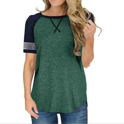 China Hot Selling Women Summer Fashion Breathable New Quilting Striped T-shirt Short Sleeve Round Neck Casual Loose Casual Pullover Tops for sale