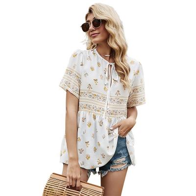 China Summer QUICK DRY Women's Crew Neck Lace Up Top Pullover Short Sleeve Printed Shirt for sale