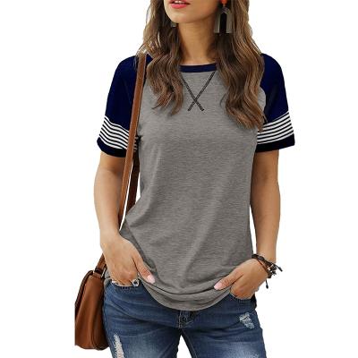 China Popular Women Summer Breathable Stripe Short Sleeve Splicing Round-Neck Casual T-Shirt for sale