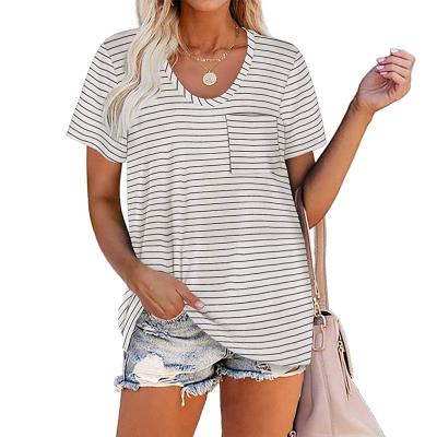 China Summer Breathable Sleeve Women Stripe Tee Tops Loose Crew Rounded Neck Pocket Short Sleeve T-Shirt for sale