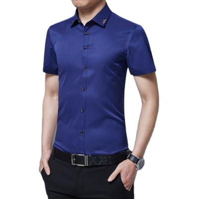 China Customized formal fashionable elastic fabric anti-pilling men's slim fit plus size short sleeve 5XL button embroider business shirt for sale