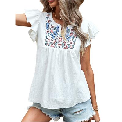 China Women's Cotton Breathable Lotus Embroidery Casual Sleeve Splicing Top White Round Neck Short T-Shirt for sale