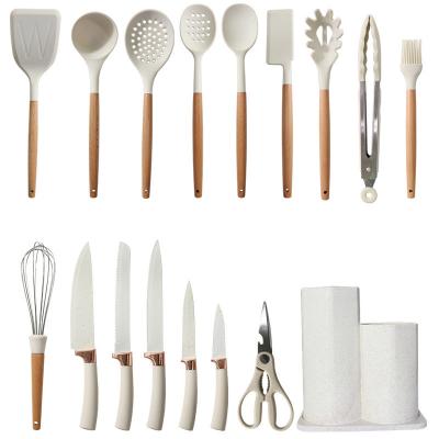 China 17pcs Silicona utensilios de cocina utensilios de cocina conjunto de palos de Turner, espátula, cuchara, cepillo, rayo, dispositivos de mango de madera en venta