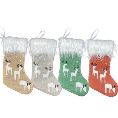 China Small Europe Christmas Stocking Ornament Candy Gift Bag Ornament Printed Deer Stocking Christmas Ornament for sale